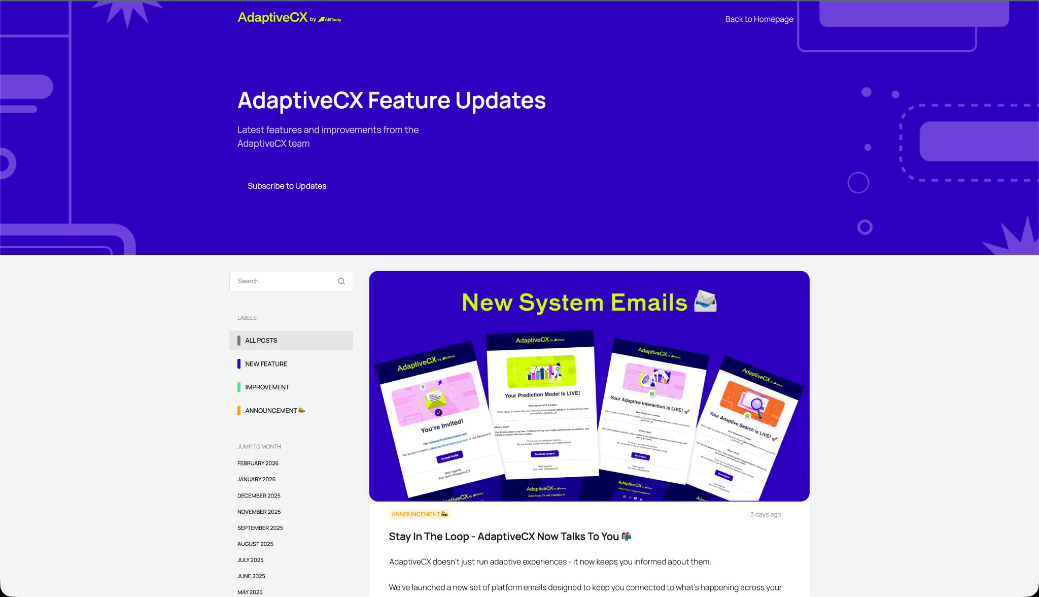 AdaptiveCX Feature Updates — changelog screenshot