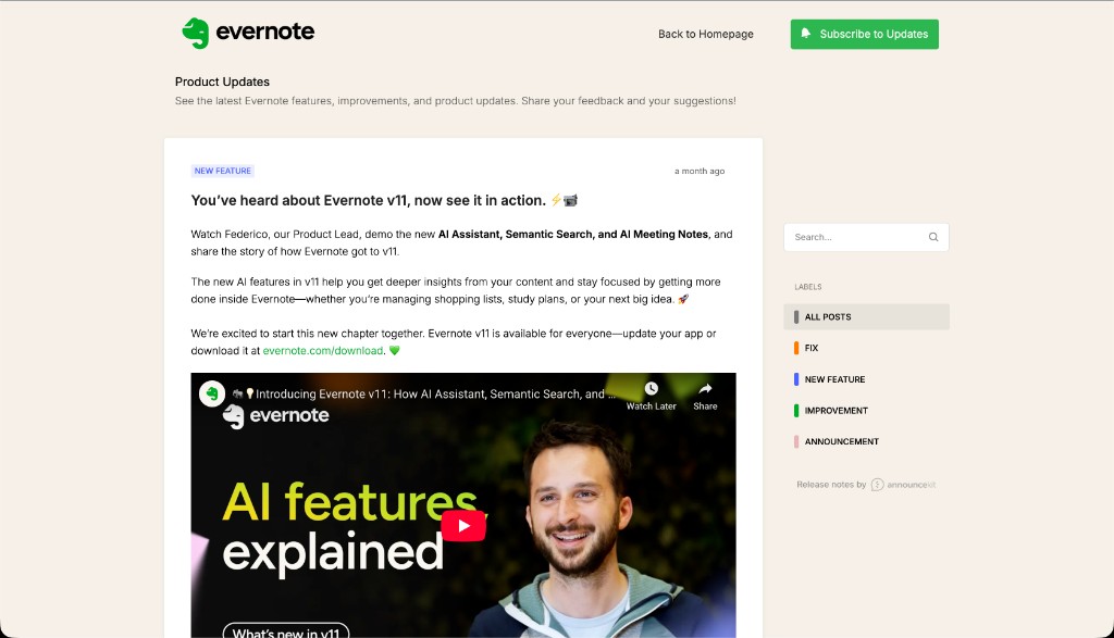Evernote Product Updates — changelog screenshot